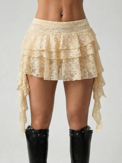 Women Fashion Sexy Solid Color Multi-Layer Lace Skirt