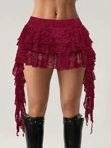 Women Fashion Sexy Solid Color Multi-Layer Lace Skirt