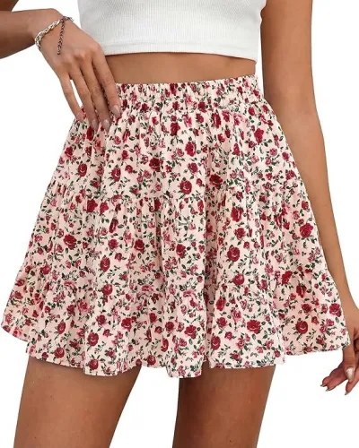 Women Fashion Casual Floral-Print High-Waist Layered Ruffled Skirt