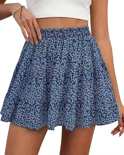 Women Fashion Casual Floral-Print High-Waist Layered Ruffled Skirt