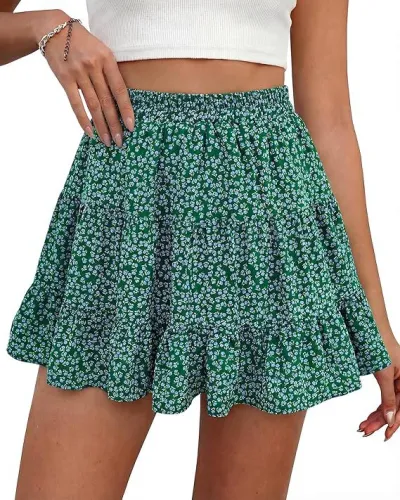 Women Fashion Casual Floral-Print High-Waist Layered Ruffled Skirt