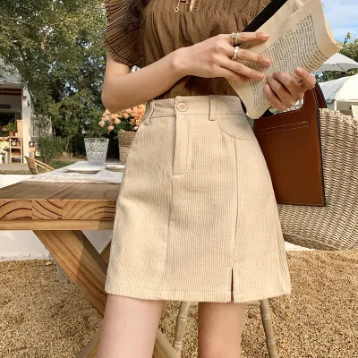 Women Fashion Autumn And Winter Solid Color Corduroy High Waist Skirt