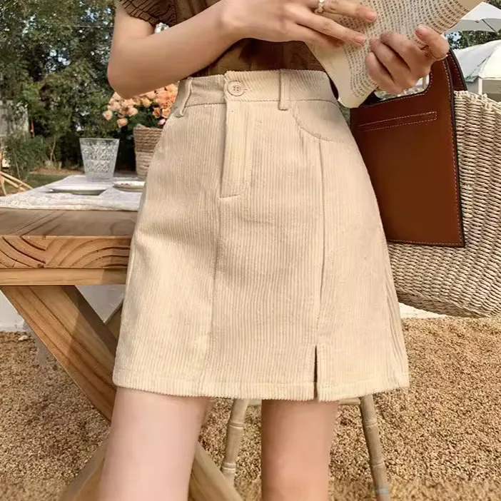 Women Fashion Autumn And Winter Solid Color Corduroy High Waist Skirt