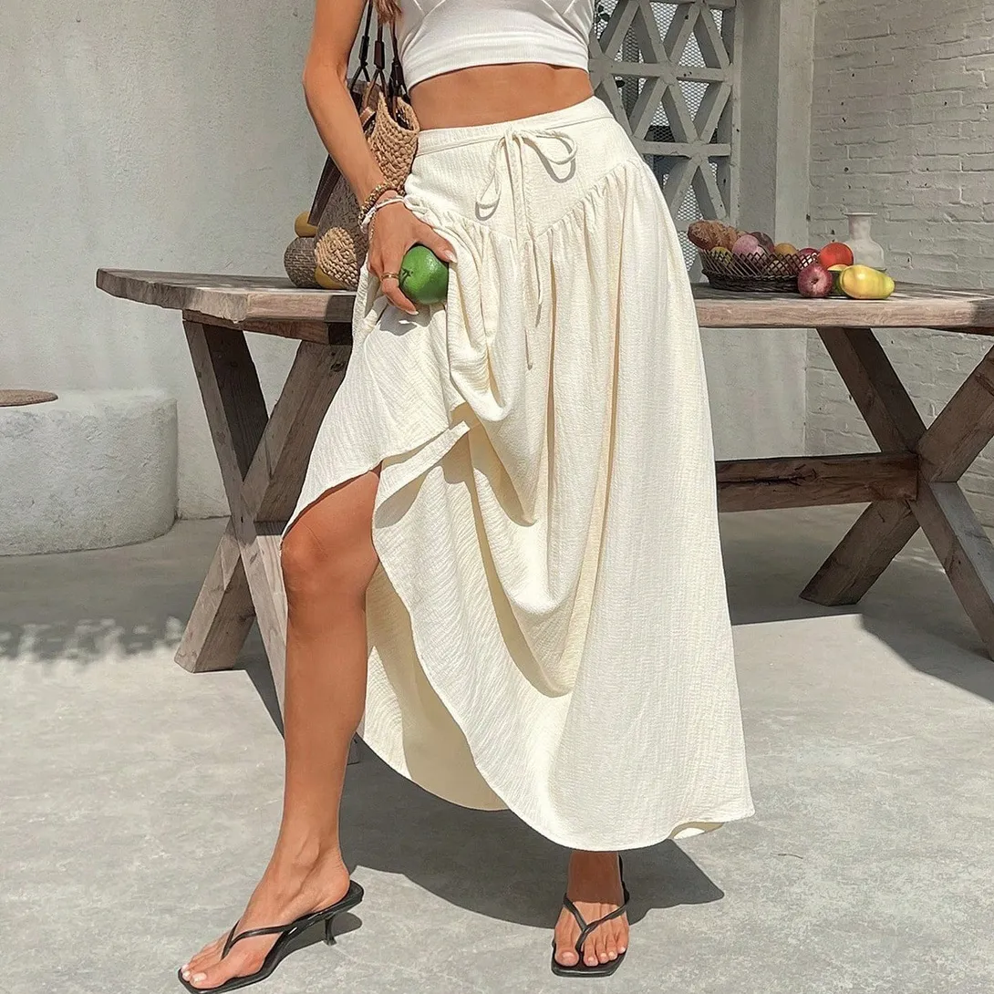 Women Fashion Casual Summer Solid Color High Waist Large Swing Long Skirt