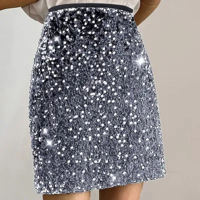 Women Fashion Sexy Summer Solid Color Sequins Tight Skirt