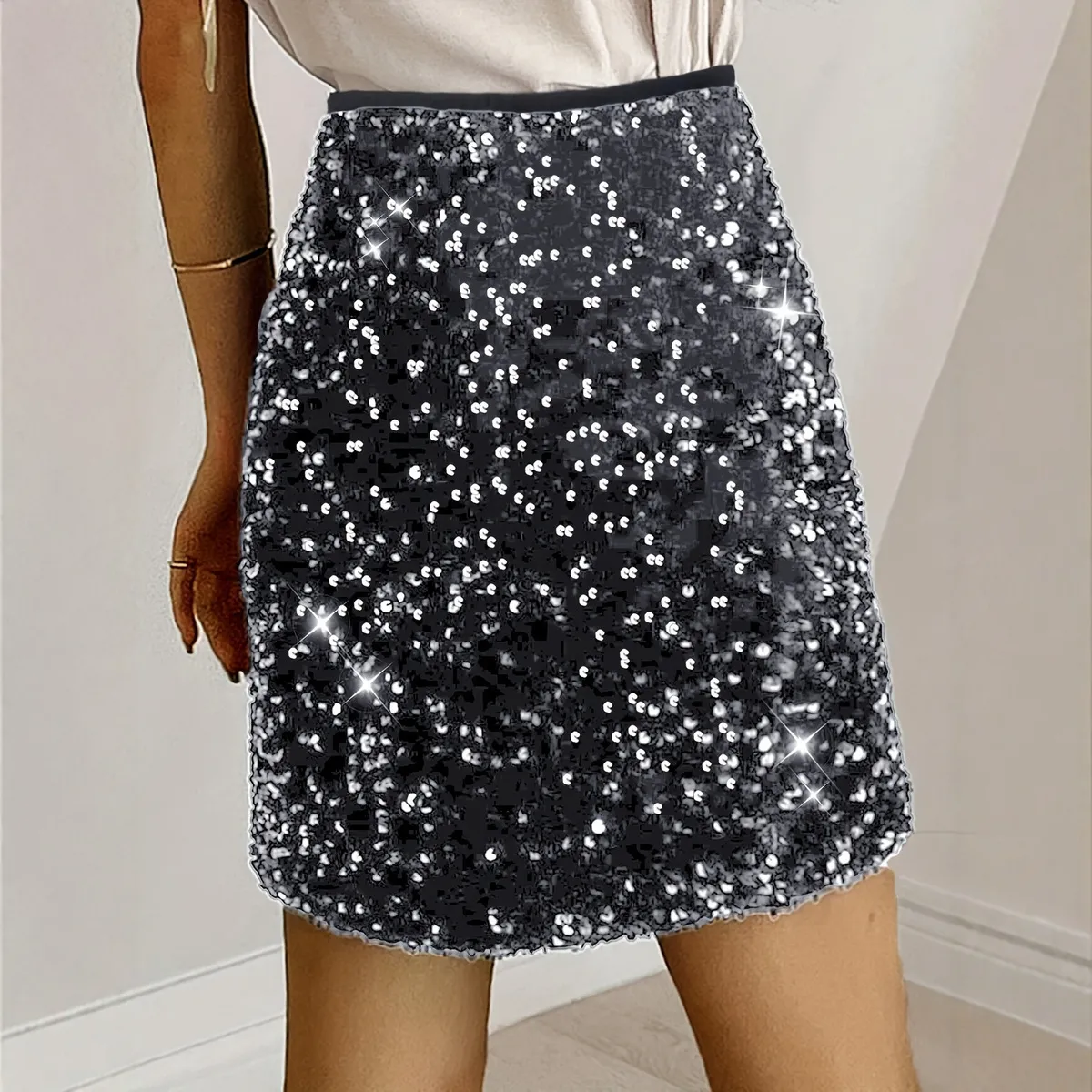 Women Fashion Sexy Summer Solid Color Sequins Tight Skirt