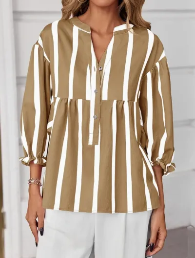Women Fashion Casual Stripe Printed V-Neck Long-Sleeve Loose Blouse
