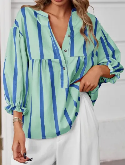 Women Fashion Casual Stripe Printed V-Neck Long-Sleeve Loose Blouse