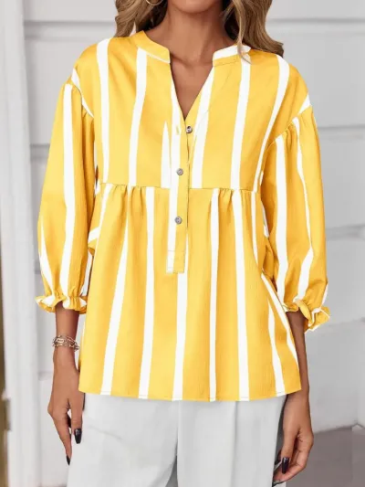 Women Fashion Casual Stripe Printed V-Neck Long-Sleeve Loose Blouse