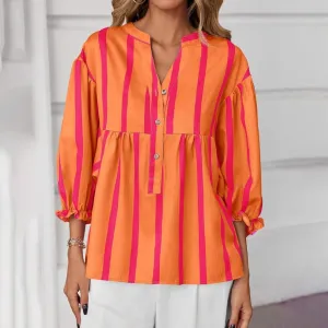 Women Fashion Casual Stripe Printed V-Neck Long-Sleeve Loose Blouse