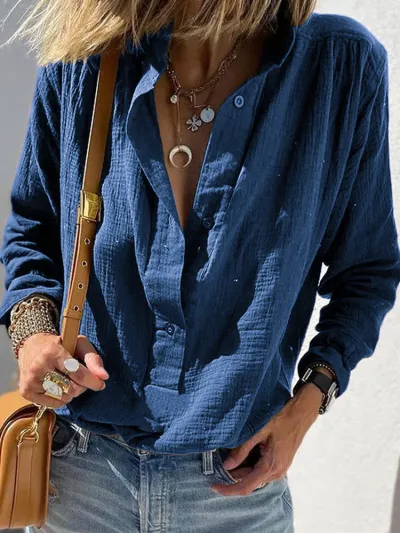 Women Fashion Casual Spring Solid Color Cotton Linen Long Sleeve Loose Blouse
