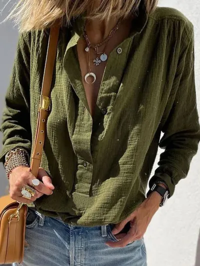 Women Fashion Casual Spring Solid Color Cotton Linen Long Sleeve Loose Blouse