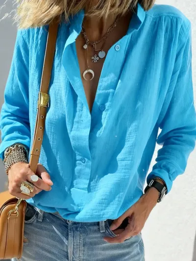 Women Fashion Casual Spring Solid Color Cotton Linen Long Sleeve Loose Blouse