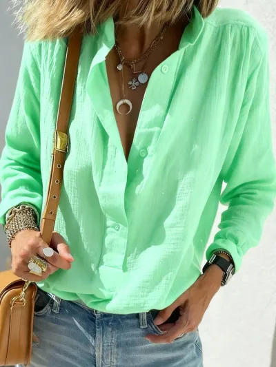 Women Fashion Casual Spring Solid Color Cotton Linen Long Sleeve Loose Blouse