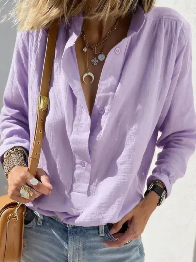 Women Fashion Casual Spring Solid Color Cotton Linen Long Sleeve Loose Blouse