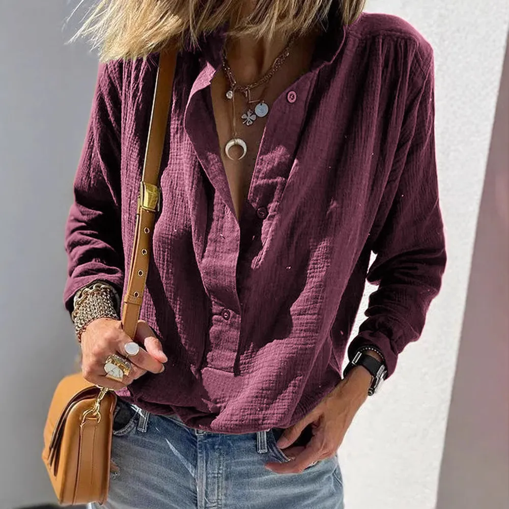 Women Fashion Casual Spring Solid Color Cotton Linen Long Sleeve Loose Blouse