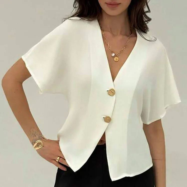 Women Fashion Casual Summer Solid Color Button Short Sleeve Blouse