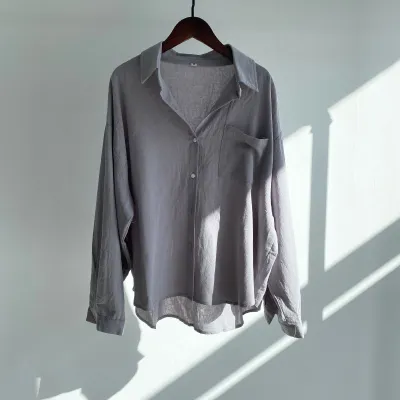 Women Fashion Casual Spring And Summer Solid Color Cotton Linen Lapel Long-Sleeve Loose Blouse