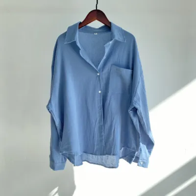 Women Fashion Casual Spring And Summer Solid Color Cotton Linen Lapel Long-Sleeve Loose Blouse