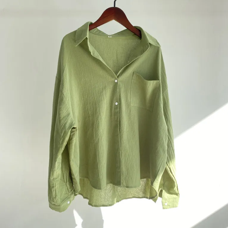 Women Fashion Casual Spring And Summer Solid Color Cotton Linen Lapel Long-Sleeve Loose Blouse