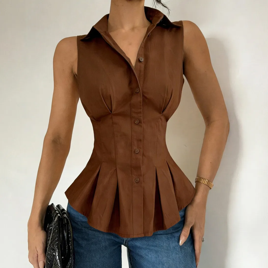 Women Fashion Casual Summer Solid Color Lapel Sleeveless Ruffled Tight Waist Pleated Blouse