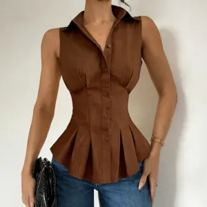 Women Fashion Casual Summer Solid Color Lapel Sleeveless Ruffled Tight Waist Pleated Blouse