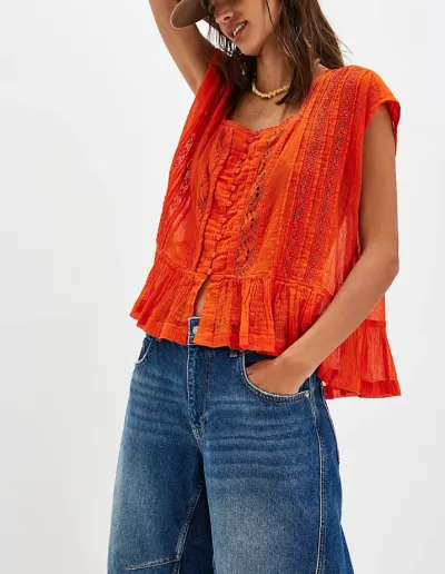 Women Fashion Casual Summer Solid Color Lace Stitching Thin Blouse