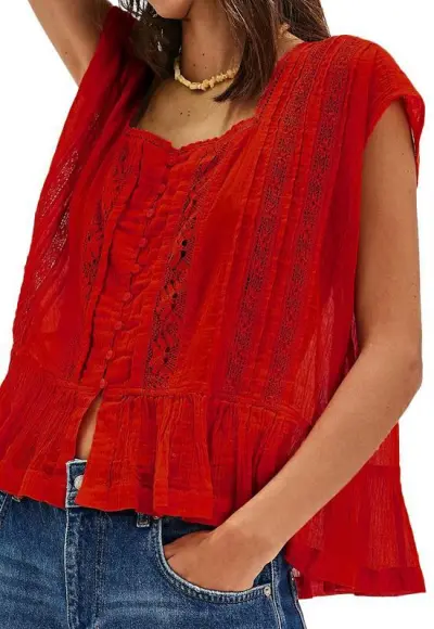 Women Fashion Casual Summer Solid Color Lace Stitching Thin Blouse