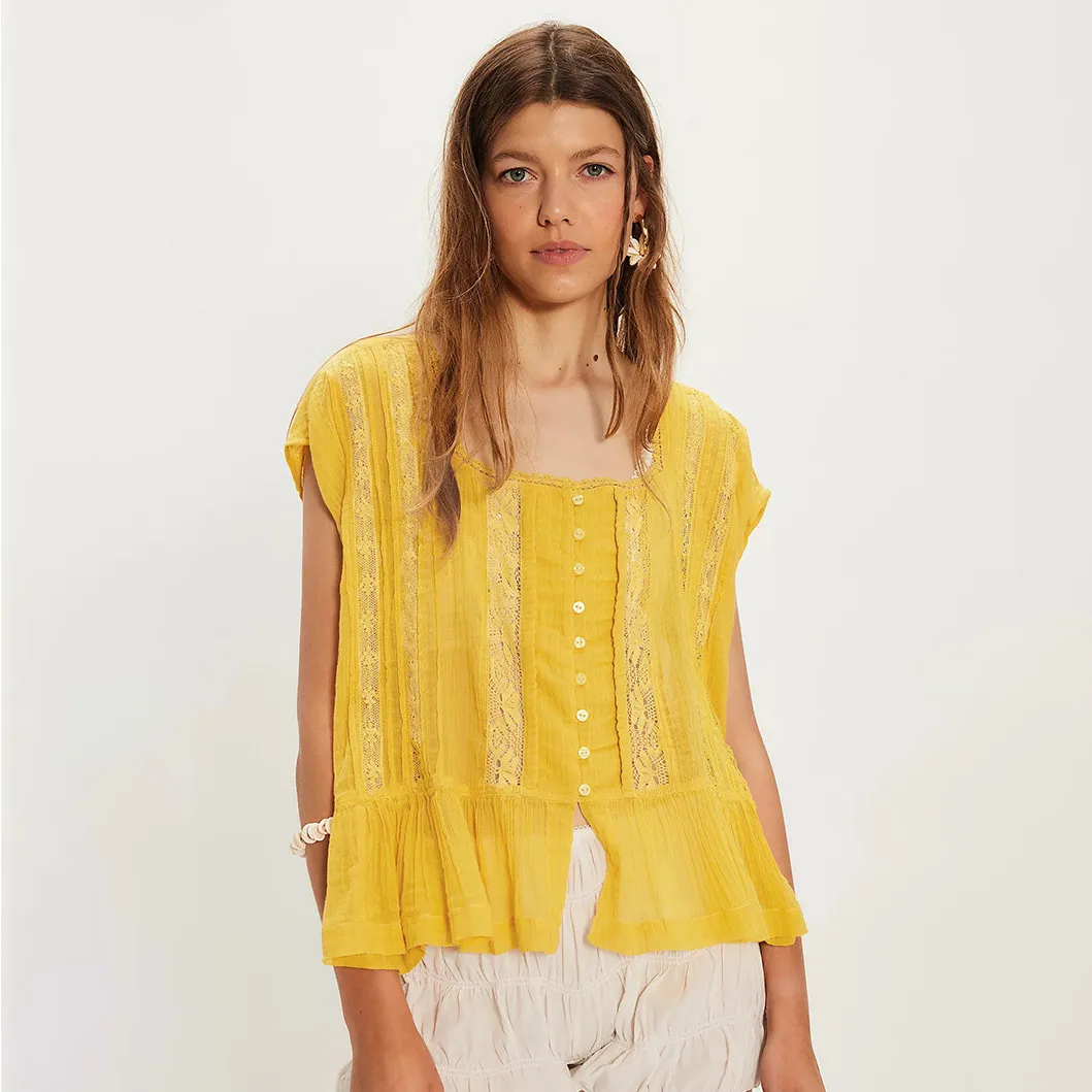 Women Fashion Casual Summer Solid Color Lace Stitching Thin Blouse