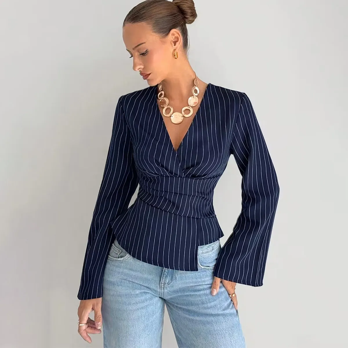 Women'S Fashion Casual Stripe V-Neck Long-Sleeve Waist Blouse