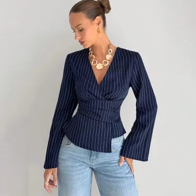 Women'S Fashion Casual Stripe V-Neck Long-Sleeve Waist Blouse