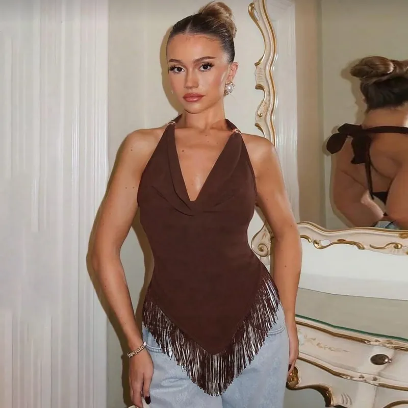 Women Fashion Sexy Summer Solid Color Halter-Neck Lace-Up Tassel Crop Top