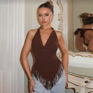 Women Fashion Sexy Summer Solid Color Halter-Neck Lace-Up Tassel Crop Top