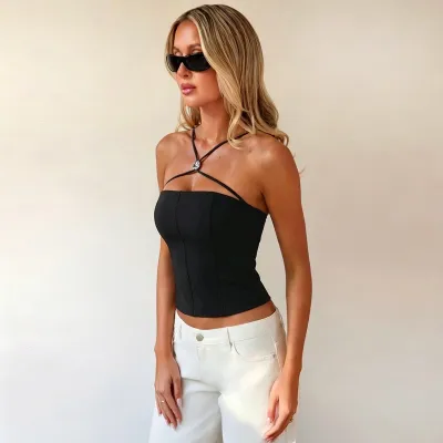 Women Fashion Sexy Summer Solid Color Halter-Neck Slim-Fit Crop Top