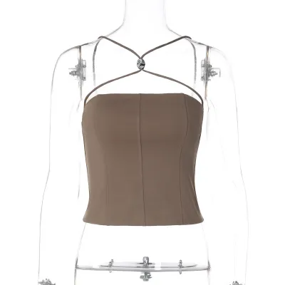Women Fashion Sexy Summer Solid Color Halter-Neck Slim-Fit Crop Top
