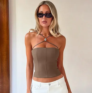 Women Fashion Sexy Summer Solid Color Halter-Neck Slim-Fit Crop Top