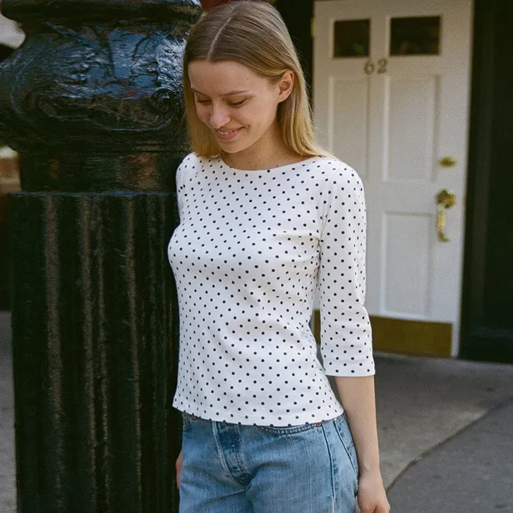 Women Fashion Polka Dot Print Round Neck T-Shirt Top