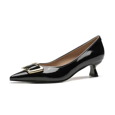 Women Fashion Elegant Solid Color Pointed-Toe Metal Buckle Heel High Shoes
