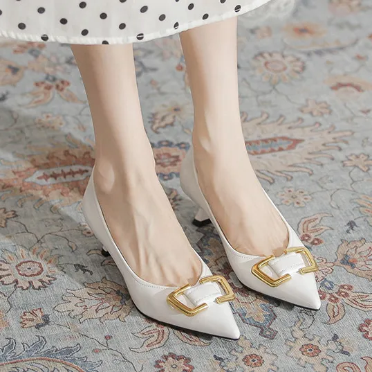 Women Fashion Elegant Solid Color Pointed-Toe Metal Buckle Heel High Shoes