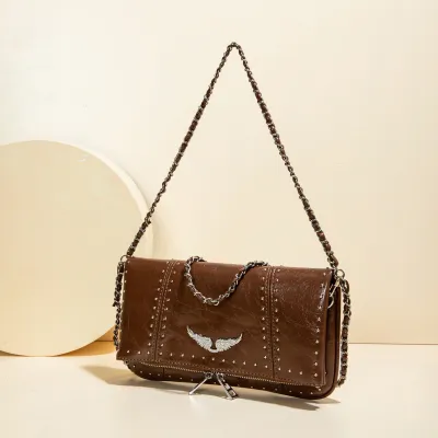 Women Fashion Casual Rhinestone Frosted Chain Soft Leather Large Capacity Crossbody Bag