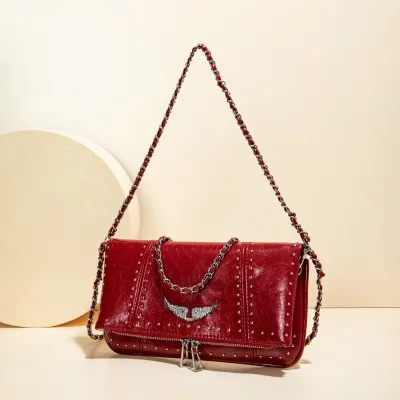 Women Fashion Casual Rhinestone Frosted Chain Soft Leather Large Capacity Crossbody Bag