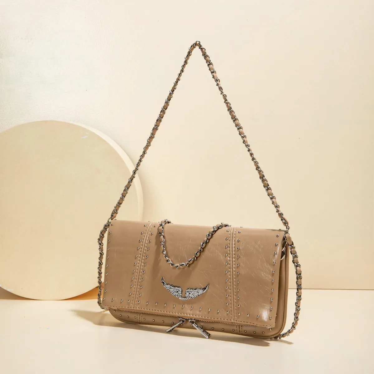 Women Fashion Casual Rhinestone Frosted Chain Soft Leather Large Capacity Crossbody Bag