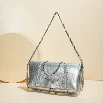 Women Fashion Casual Rhinestone Frosted Chain Soft Leather Large Capacity Crossbody Bag