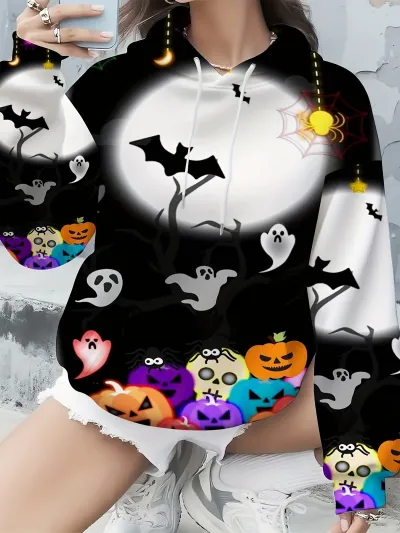 Halloween Autumn And Winterwomen Fashion Casual Ghost Pumpkin Black Cat Print Loose Hoodie