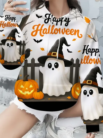 Halloween Autumn And Winterwomen Fashion Casual Ghost Pumpkin Black Cat Print Loose Hoodie