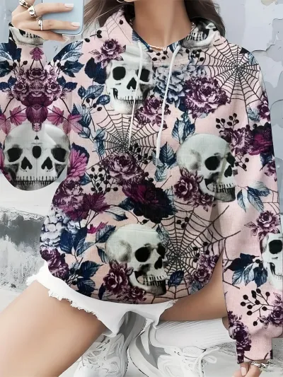 Halloween Autumn And Winterwomen Fashion Casual Ghost Pumpkin Black Cat Print Loose Hoodie