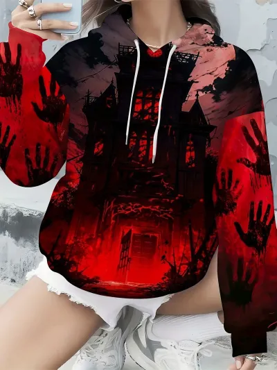 Halloween Autumn And Winterwomen Fashion Casual Ghost Pumpkin Black Cat Print Loose Hoodie