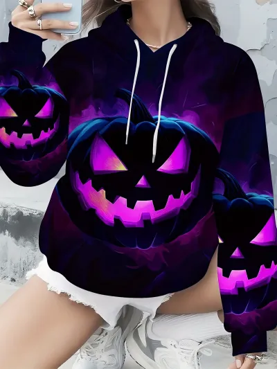 Halloween Autumn And Winterwomen Fashion Casual Ghost Pumpkin Black Cat Print Loose Hoodie