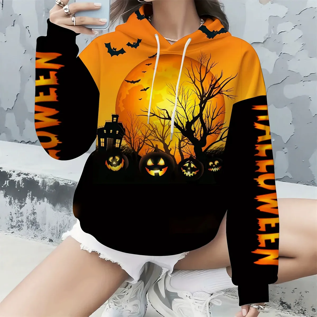 Halloween Autumn And Winterwomen Fashion Casual Ghost Pumpkin Black Cat Print Loose Hoodie