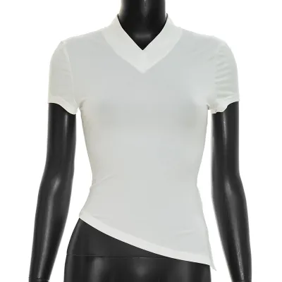 Women Simple Solid Color Short-Sleeved Irregular Hem V-Neck T-Shirt